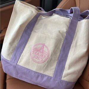Large Trader Joe’s  Canvas Tote Bag in Cream and Lavender